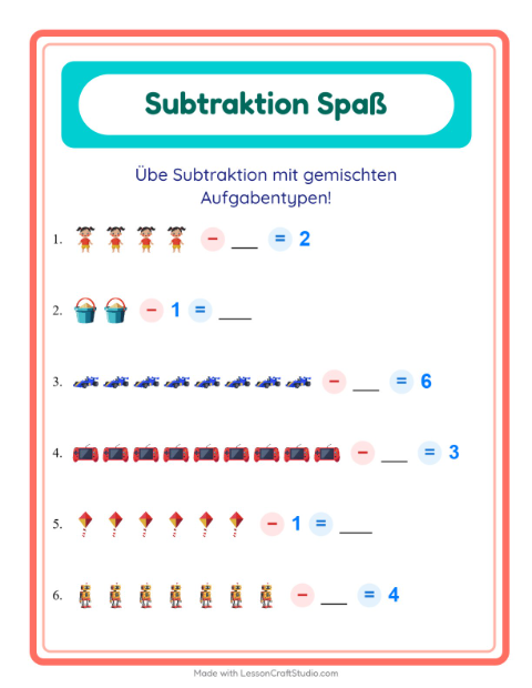 Vorschau: Subtraktion-Arbeitsblatt mit Spielzeug für Kindergarten