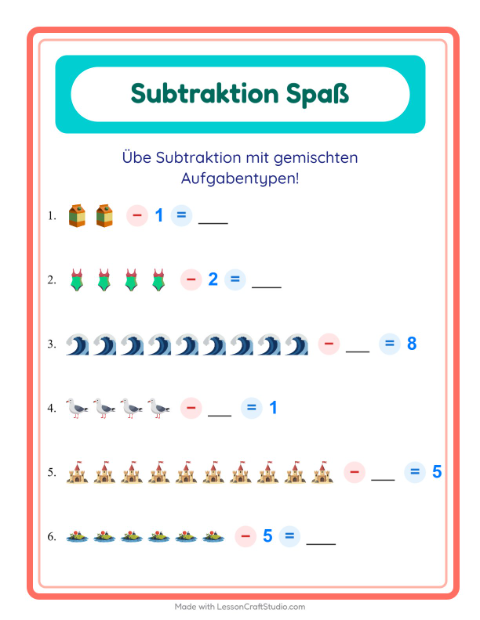 Vorschau: Subtraktion-Arbeitsblatt mit Strand für Kindergarten