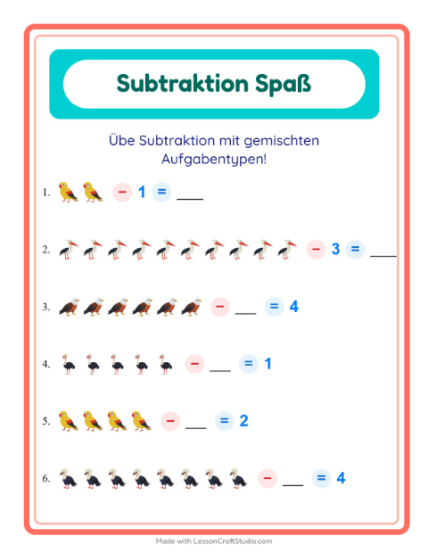 Vorschau: Subtraktion-Arbeitsblatt mit Vögel für Kindergarten