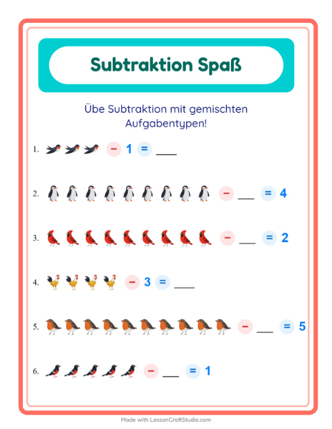 Vorschau: Subtraktion-Arbeitsblatt mit Vögel 2 für Kindergarten