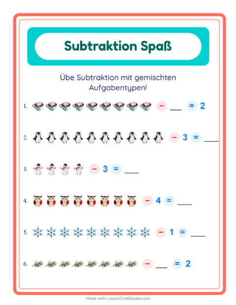 Vorschau: Subtraktion-Arbeitsblatt mit Winter für Kindergarten