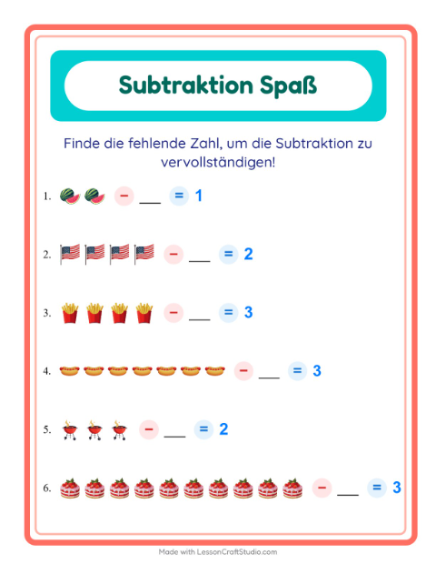 Vorschau: Subtraktion-Arbeitsblatt mit 4. Juli für Kindergarten
