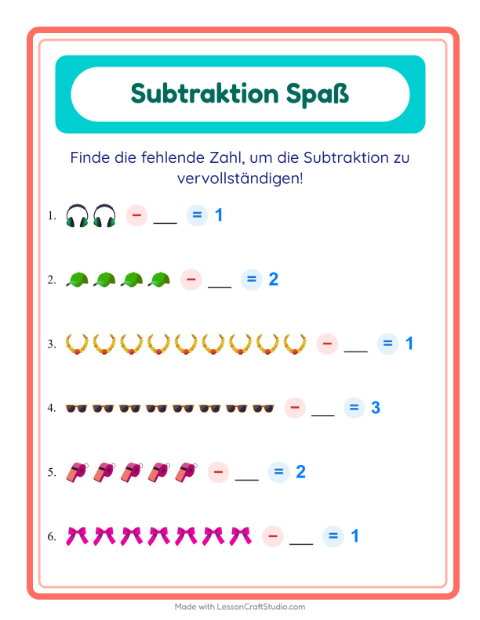Vorschau: Subtraktion-Arbeitsblatt mit Accessoires für Kindergarten