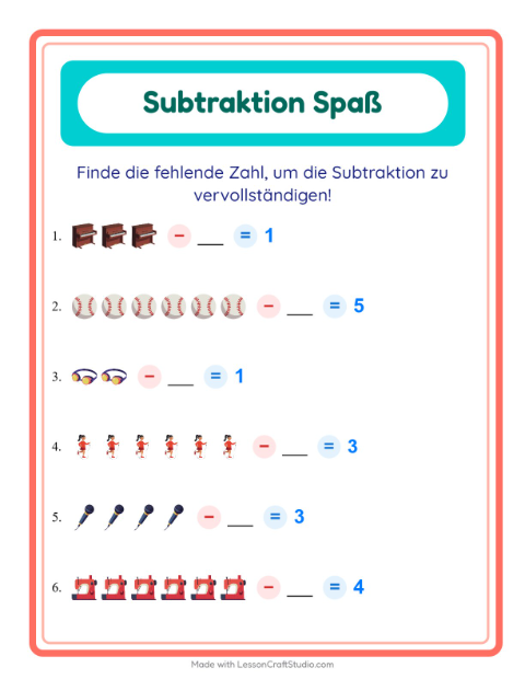 Vorschau: Subtraktion-Arbeitsblatt mit Aktivitäten für Kindergarten