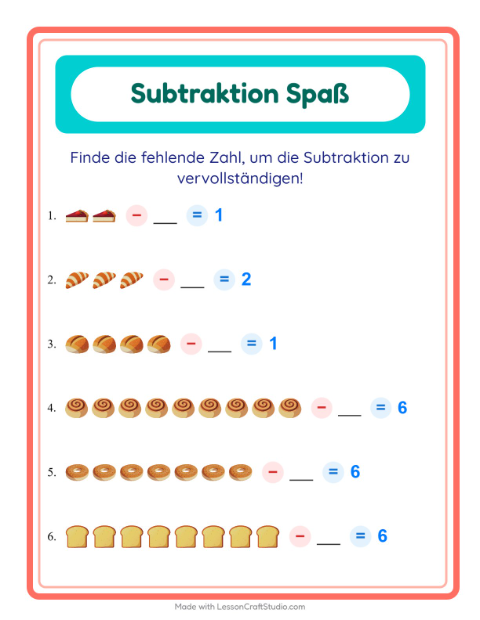 Vorschau: Subtraktion-Arbeitsblatt mit Bäckerei für Kindergarten