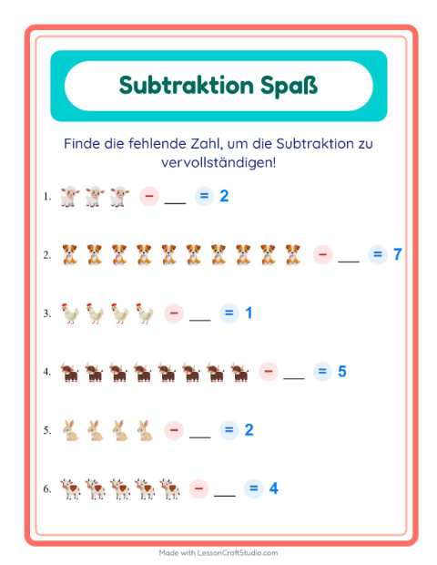 Vorschau: Subtraktion-Arbeitsblatt mit Bauernhoftiere für Kindergarten