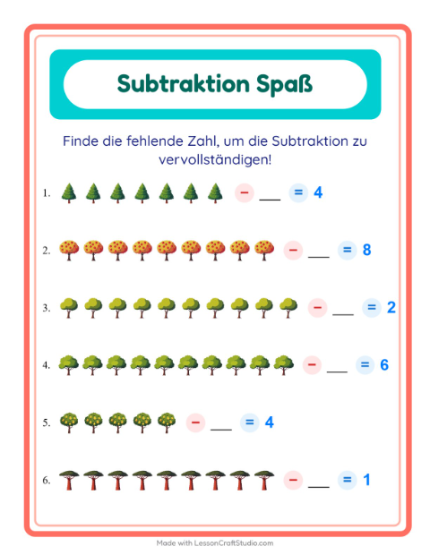 Vorschau: Subtraktion-Arbeitsblatt mit Bäume für Kindergarten