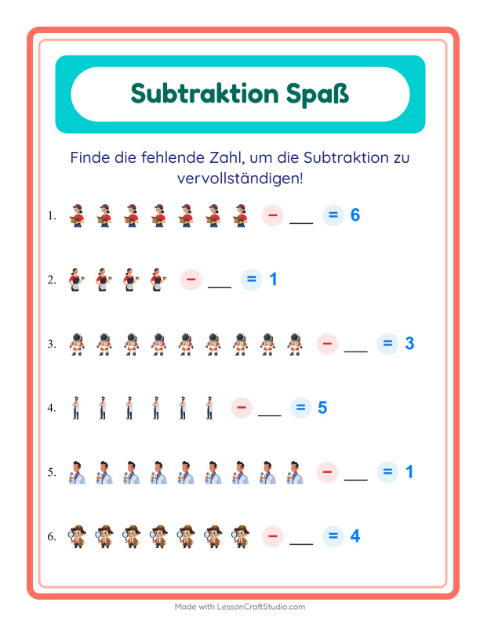 Vorschau: Subtraktion-Arbeitsblatt mit Berufe für Kindergarten