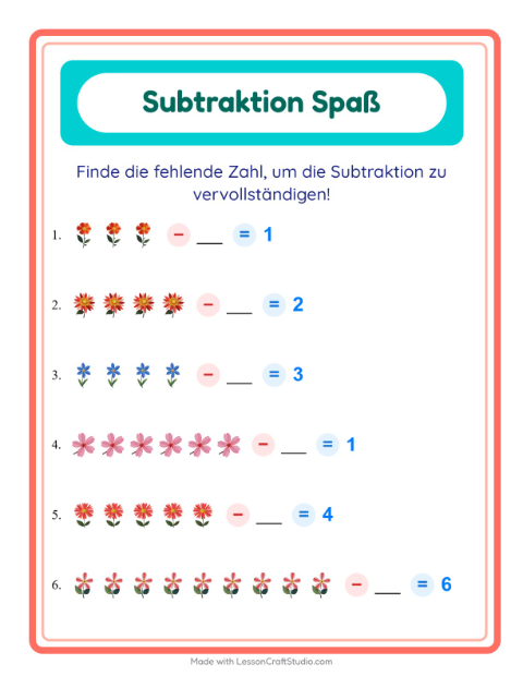 Vorschau: Subtraktion-Arbeitsblatt mit Blumen für Kindergarten