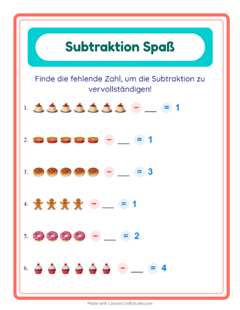 Vorschau: Subtraktion-Arbeitsblatt mit Desserts und Süßigkeiten für Kindergarten