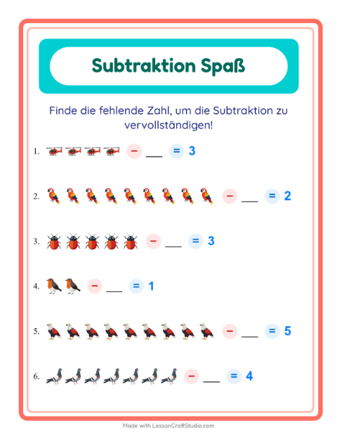 Vorschau: Subtraktion-Arbeitsblatt mit Dinge die fliegen für Kindergarten