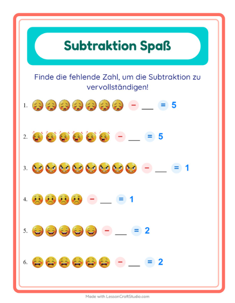 Vorschau: Subtraktion-Arbeitsblatt mit Emotionen für Kindergarten
