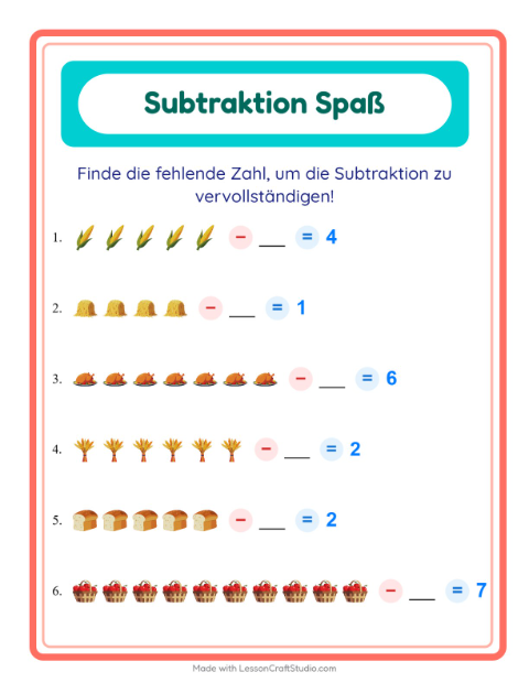 Vorschau: Subtraktion-Arbeitsblatt mit Erntedankfest für Kindergarten