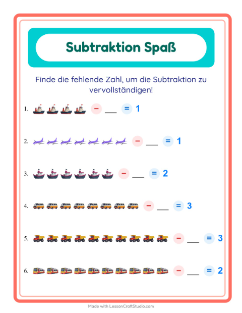 Vorschau: Subtraktion-Arbeitsblatt mit Fahrzeuge für Kindergarten