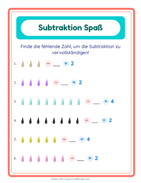 Vorschau: Subtraktion-Arbeitsblatt mit Farben für Kindergarten