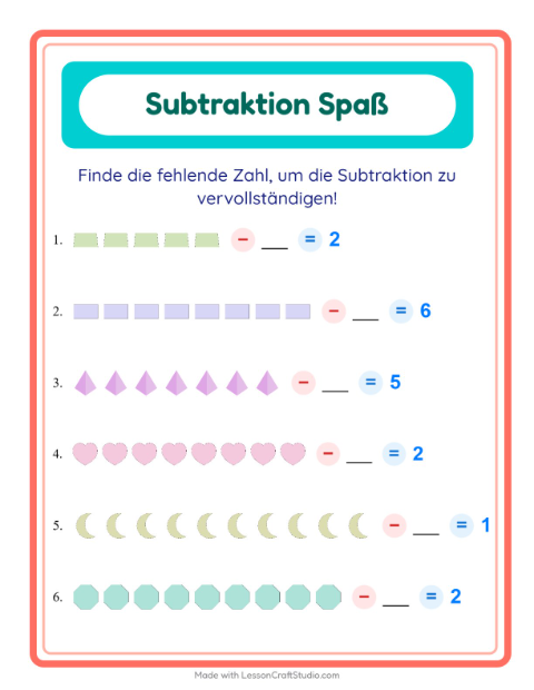 Vorschau: Subtraktion-Arbeitsblatt mit Formen für Kindergarten