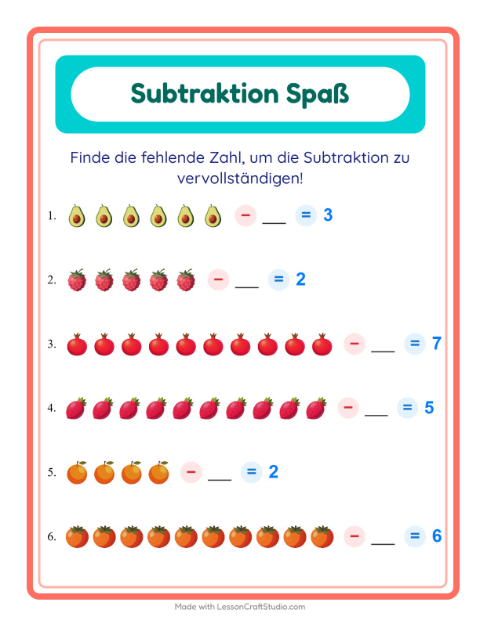 Vorschau: Subtraktion-Arbeitsblatt mit Früchte für Kindergarten