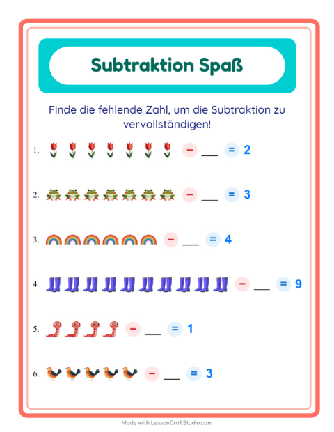 Vorschau: Subtraktion-Arbeitsblatt mit Frühling für Kindergarten