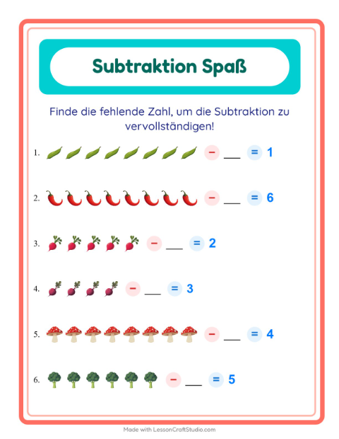 Vorschau: Subtraktion-Arbeitsblatt mit Gemüse für Kindergarten