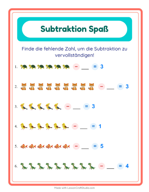 Subtrahend finden – Haustiere
