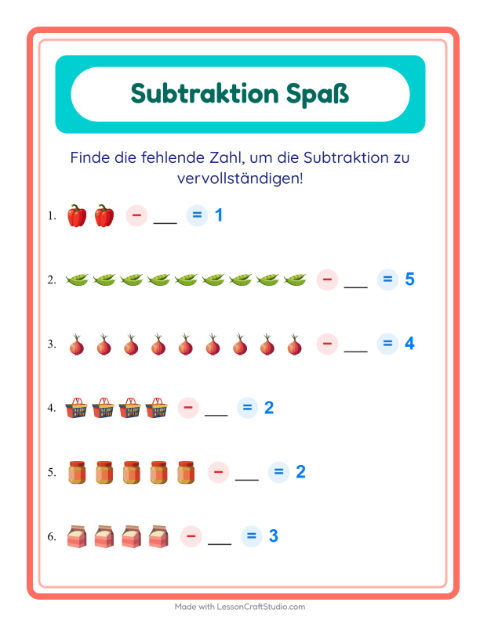 Vorschau: Subtraktion-Arbeitsblatt mit Im Supermarkt für Kindergarten