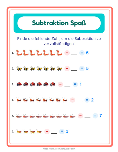 Vorschau: Subtraktion-Arbeitsblatt mit Insekten und Käfer für Kindergarten