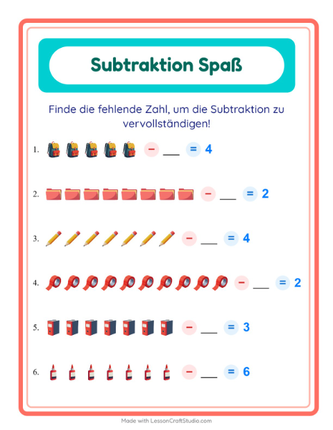 Vorschau: Subtraktion-Arbeitsblatt mit Klassenzimmer für Kindergarten