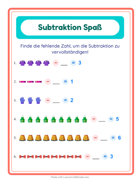 Vorschau: Subtraktion-Arbeitsblatt mit Kleidung für Kindergarten