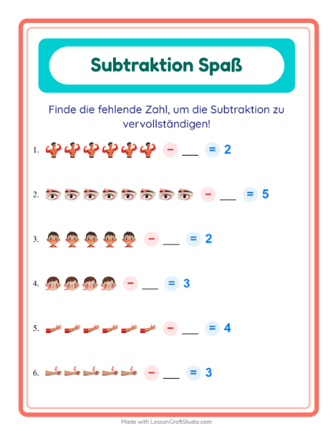 Vorschau: Subtraktion-Arbeitsblatt mit Körperteile für Kindergarten