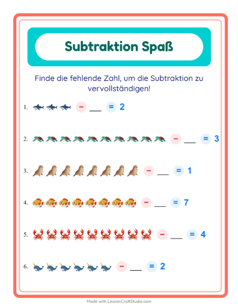 Vorschau: Subtraktion-Arbeitsblatt mit Meeresleben für Kindergarten