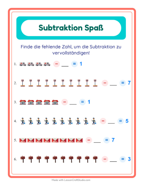 Vorschau: Subtraktion-Arbeitsblatt mit Postamt für Kindergarten