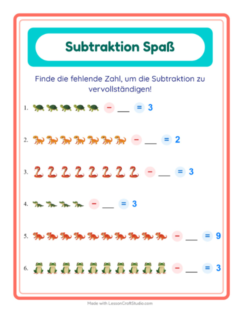 Vorschau: Subtraktion-Arbeitsblatt mit Reptilien und Amphibien für Kindergarten