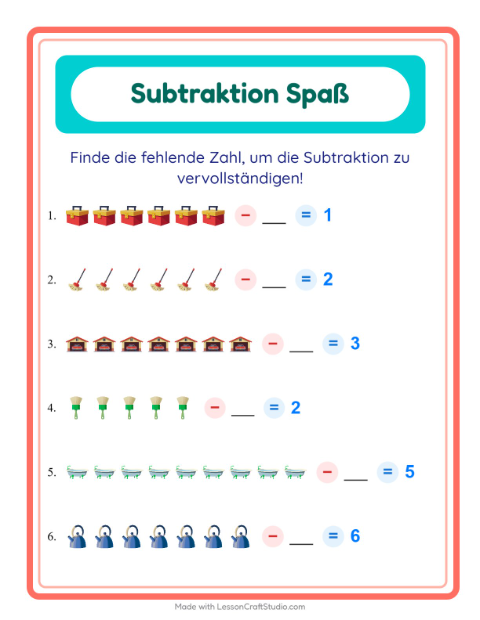 Vorschau: Subtraktion-Arbeitsblatt mit Rund ums Haus für Kindergarten