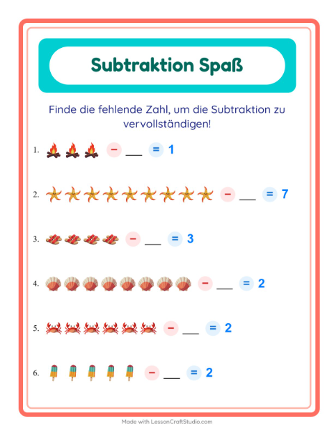 Vorschau: Subtraktion-Arbeitsblatt mit Sommer für Kindergarten