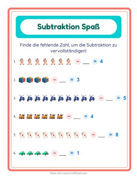 Vorschau: Subtraktion: den fehlenden Subtrahenden finden mit Bällen, Puppen und Robotern – 1. Klasse
