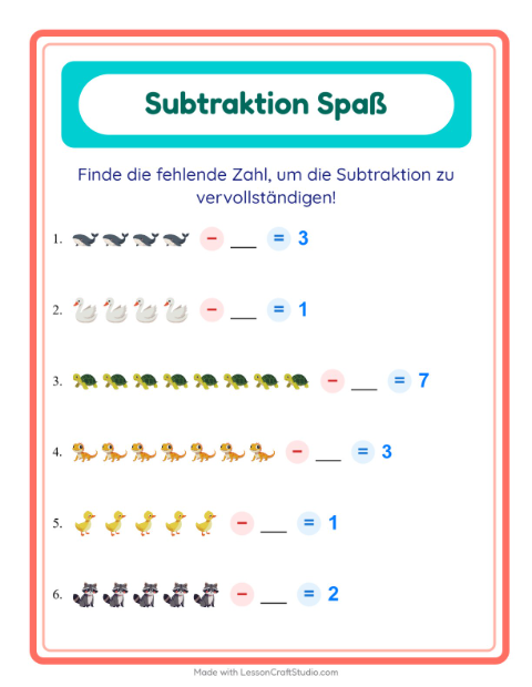 Vorschau: Subtraktion-Arbeitsblatt mit Tiere für Kindergarten