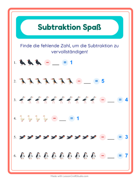 Vorschau: Subtraktion-Arbeitsblatt mit Vögel 2 für Kindergarten