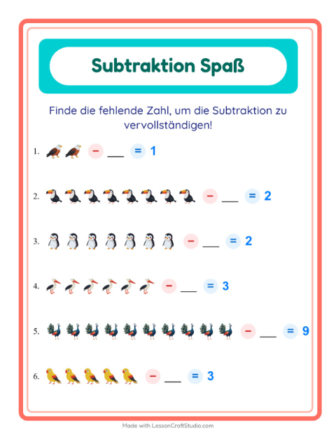 Vorschau: Subtraktion-Arbeitsblatt mit Vögel für Kindergarten