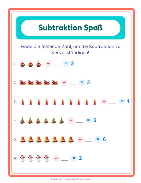 Vorschau: Subtraktion-Arbeitsblatt mit Weihnachten für Kindergarten