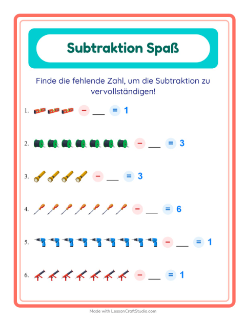 Vorschau: Subtraktion-Arbeitsblatt mit Werkzeuge für Kindergarten