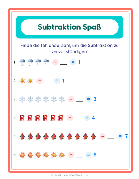 Vorschau: Subtraktion-Arbeitsblatt mit Wetter für Kindergarten