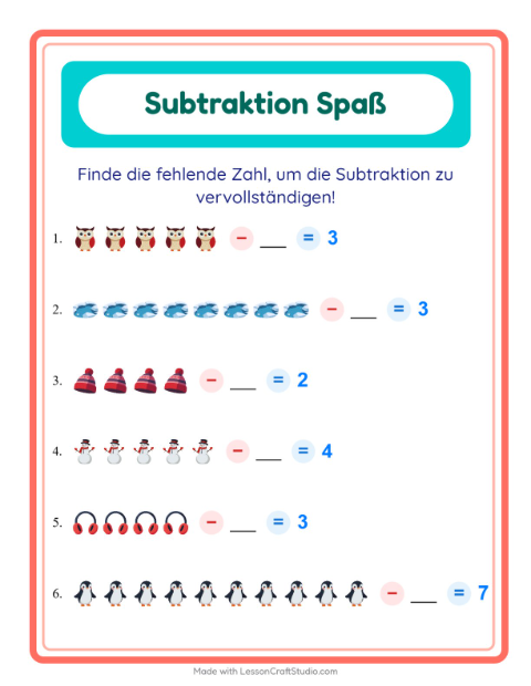 Vorschau: Subtraktion-Arbeitsblatt mit Winter für Kindergarten