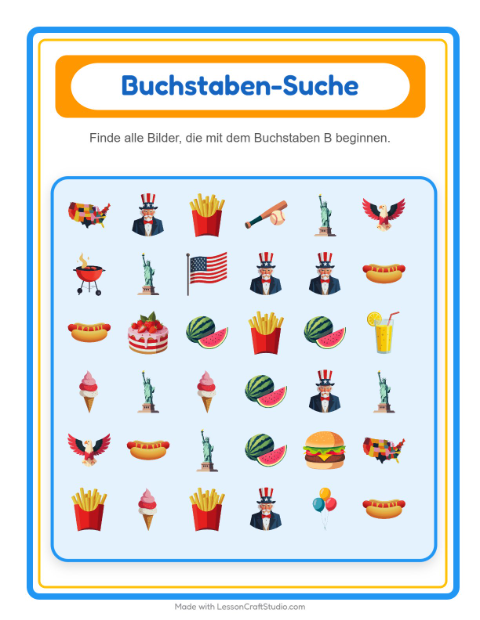 Vorschau: Suchen und zählen-Arbeitsblatt mit 4. Juli für Vorschule
