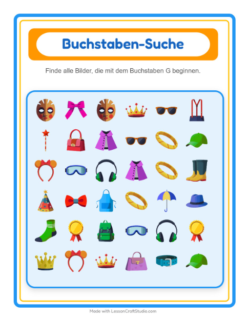 Vorschau: Suchen und zählen-Arbeitsblatt mit Accessoires für Vorschule