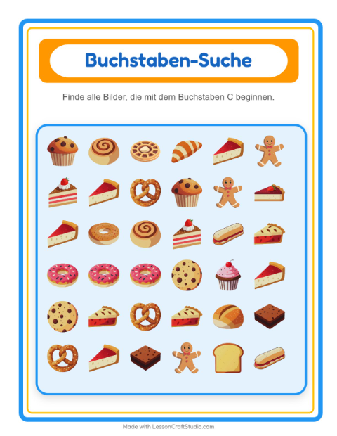 Vorschau: Suchen und zählen-Arbeitsblatt mit Bäckerei für Vorschule