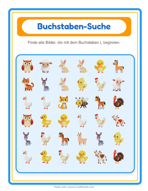 Vorschau: Suchen und zählen-Arbeitsblatt mit Bauernhoftiere für Vorschule