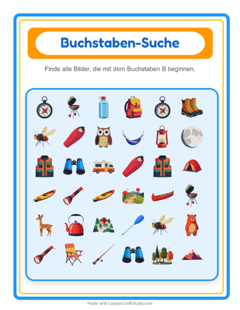 Vorschau: Suchen und zählen-Arbeitsblatt mit Camping für Vorschule