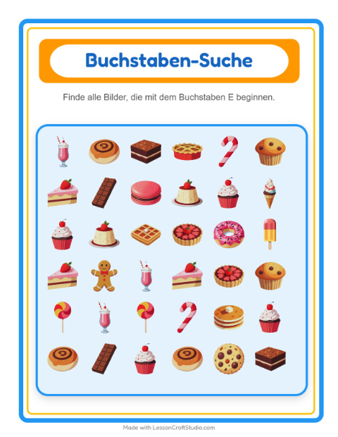 Vorschau: Suchen und zählen-Arbeitsblatt mit Desserts und Süßigkeiten für Vorschule