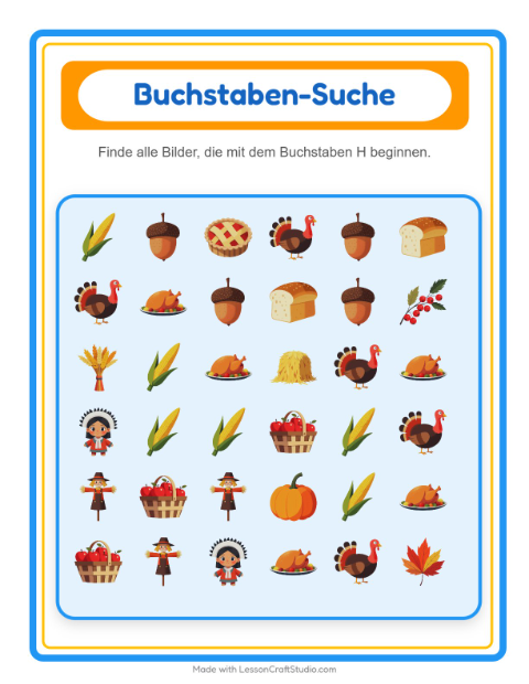 Vorschau: Suchen und zählen-Arbeitsblatt mit Erntedankfest für Vorschule