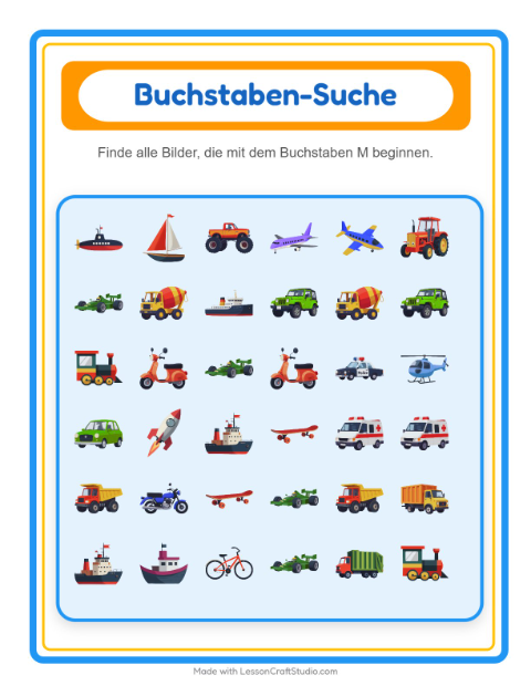 Vorschau: Suchen und zählen-Arbeitsblatt mit Fahrzeuge für Vorschule